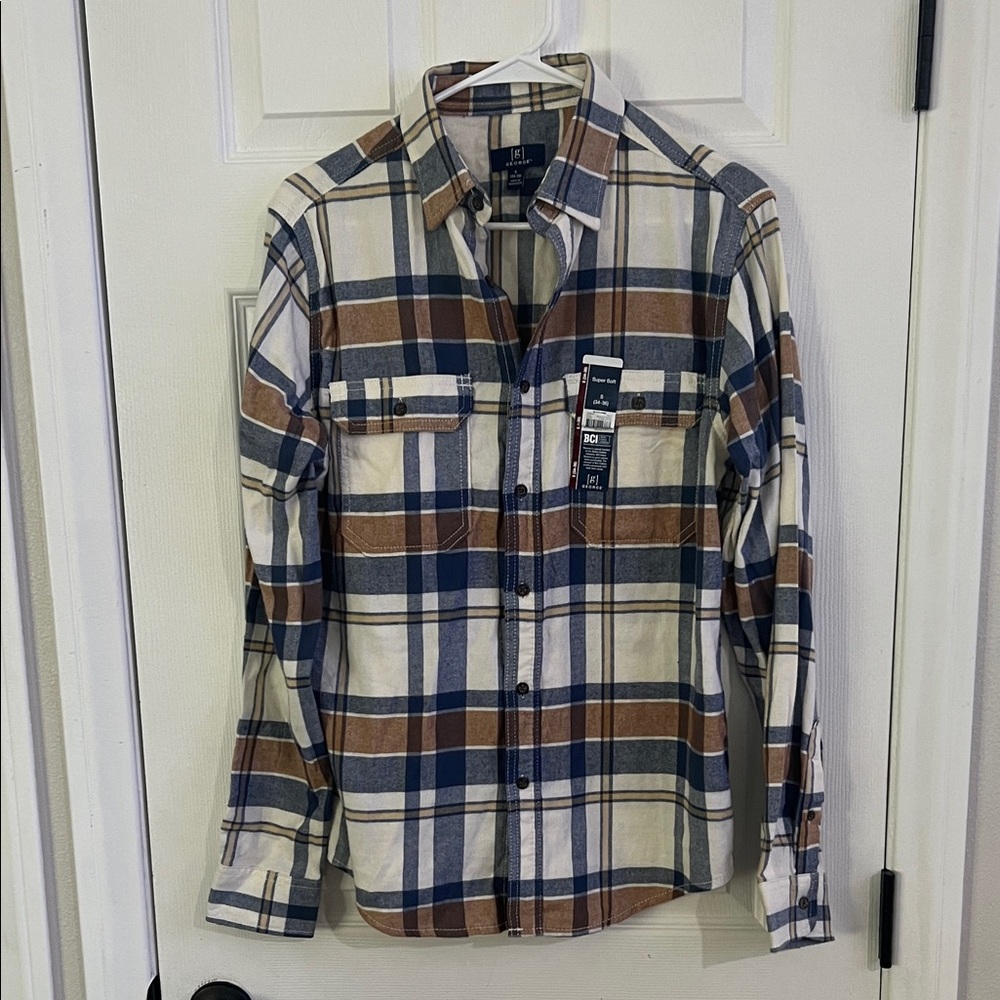 George Men's Plaid Shirt in Blue, Brown, and White size Small‎